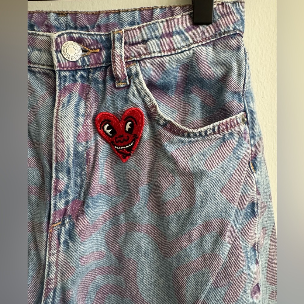 H&M X Keith Haring Pink Patterned Wide Leg High Waist Kids Jeans - Picture 2 of 6